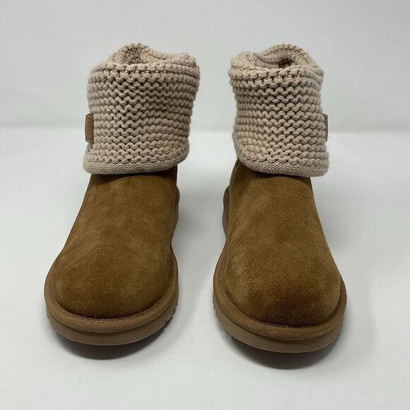 UGG Darrah Girls Sweater Knit Chestnut Suede Sheepskin Foldover Button 5 Kids - Picture 9 of 16